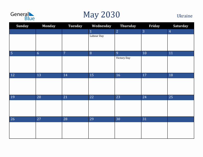 May 2030 Ukraine Calendar (Sunday Start)