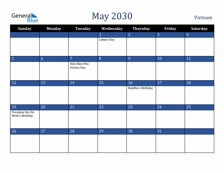 May 2030 Vietnam Calendar (Sunday Start)