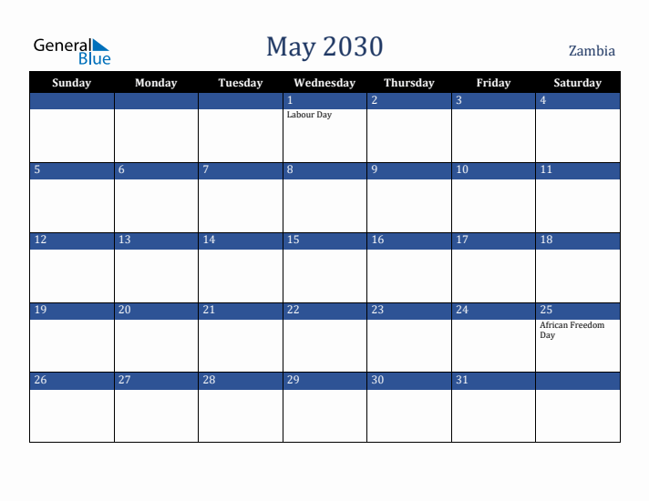 May 2030 Zambia Calendar (Sunday Start)