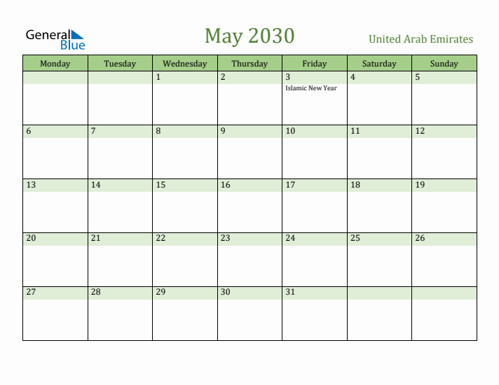 May 2030 Calendar with United Arab Emirates Holidays