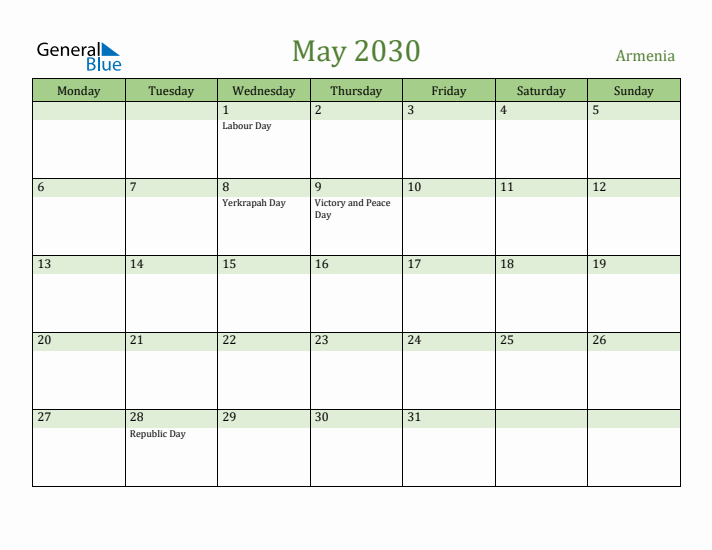 May 2030 Calendar with Armenia Holidays