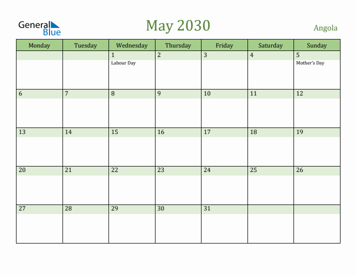 May 2030 Calendar with Angola Holidays