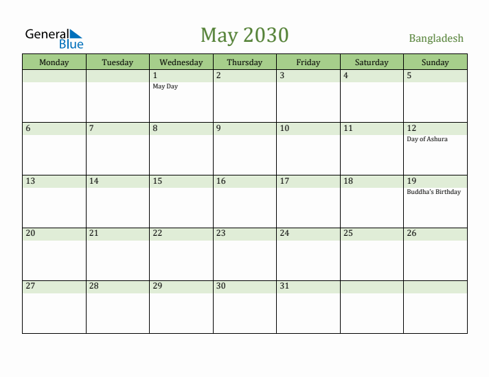 May 2030 Calendar with Bangladesh Holidays