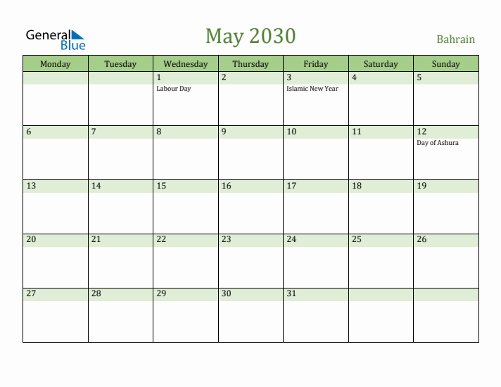 May 2030 Calendar with Bahrain Holidays