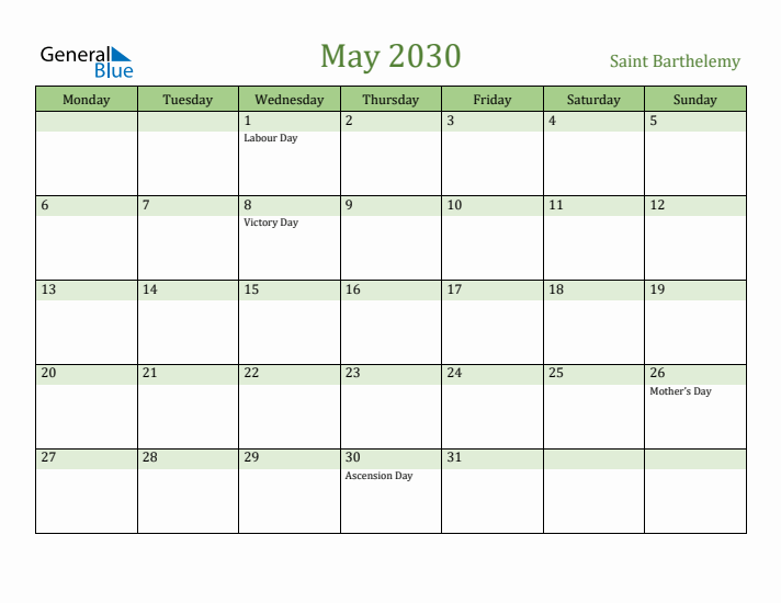 May 2030 Calendar with Saint Barthelemy Holidays