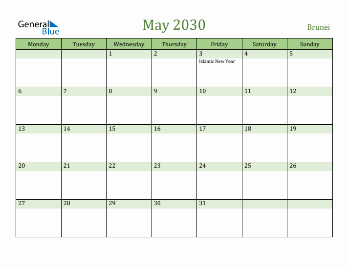 May 2030 Calendar with Brunei Holidays