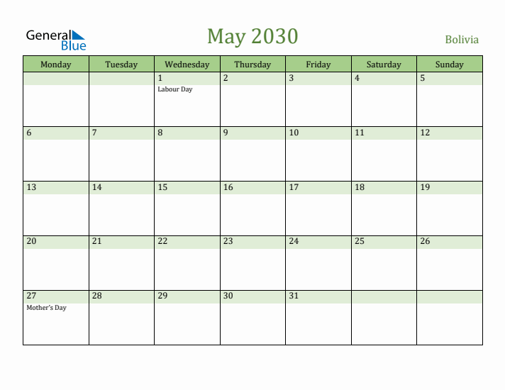 May 2030 Calendar with Bolivia Holidays
