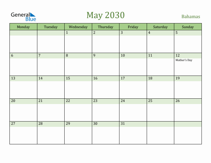 May 2030 Calendar with Bahamas Holidays