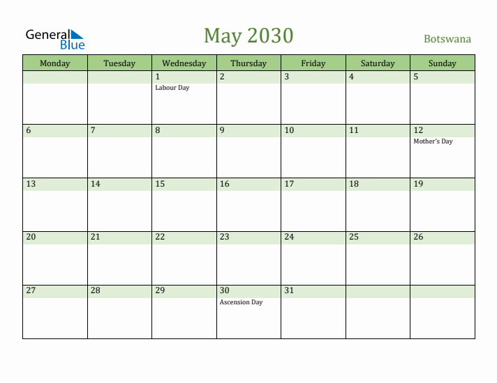 May 2030 Calendar with Botswana Holidays