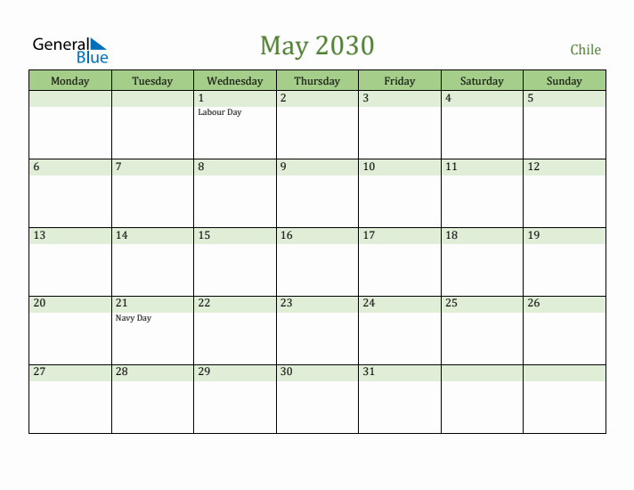 May 2030 Calendar with Chile Holidays