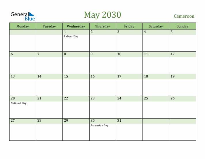 May 2030 Calendar with Cameroon Holidays