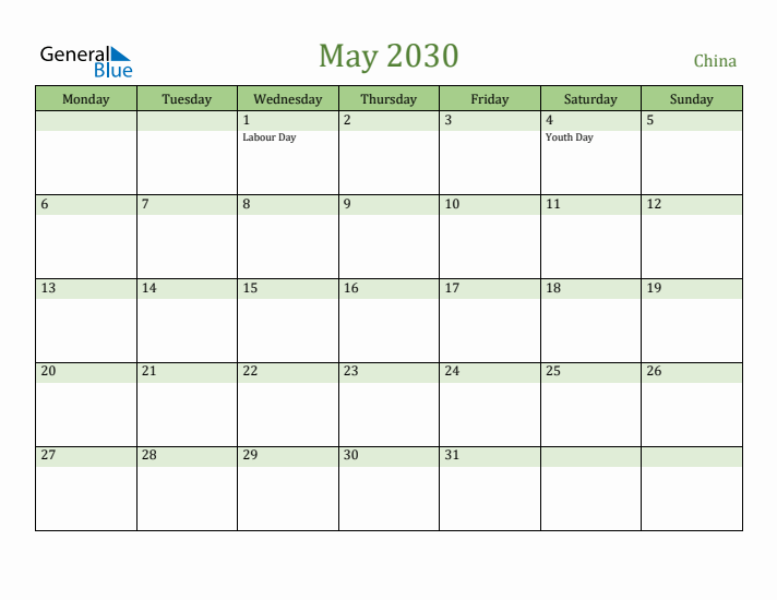 May 2030 Calendar with China Holidays