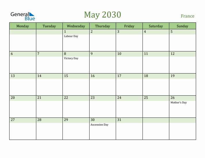 May 2030 Calendar with France Holidays