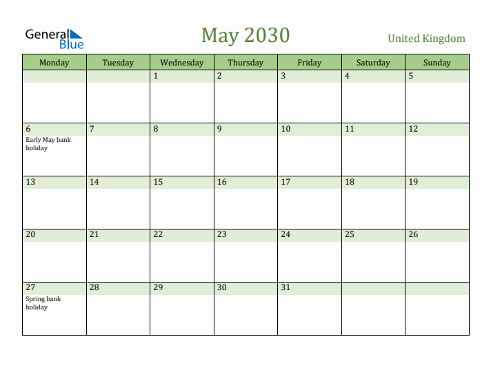 May 2030 Calendar with United Kingdom Holidays