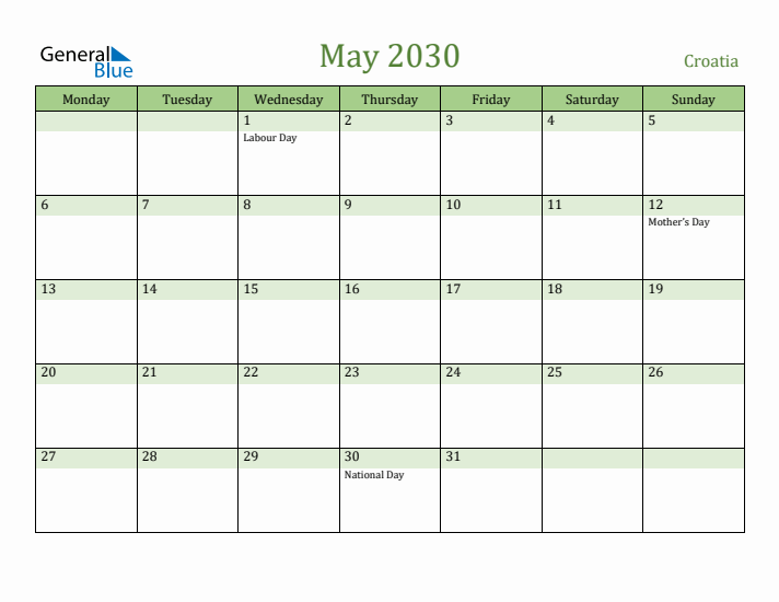 May 2030 Calendar with Croatia Holidays
