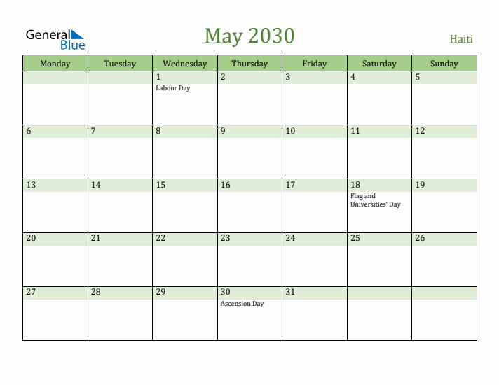 May 2030 Calendar with Haiti Holidays