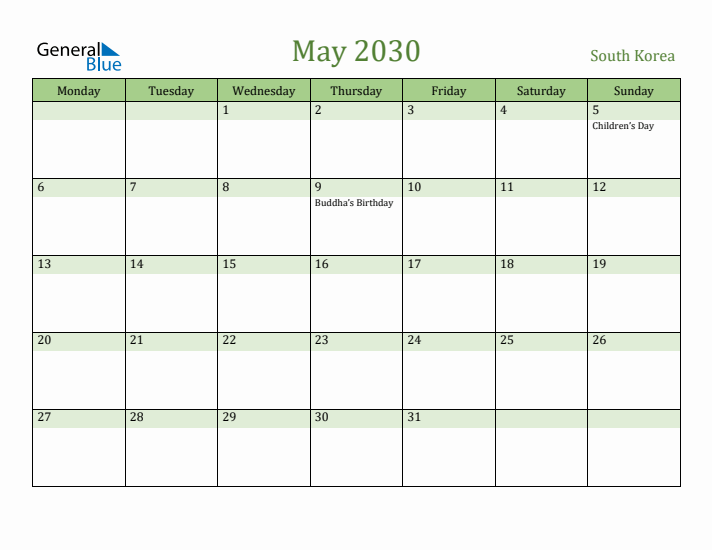 May 2030 Calendar with South Korea Holidays