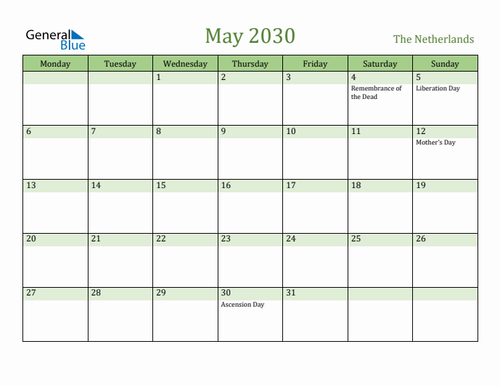 May 2030 Calendar with The Netherlands Holidays