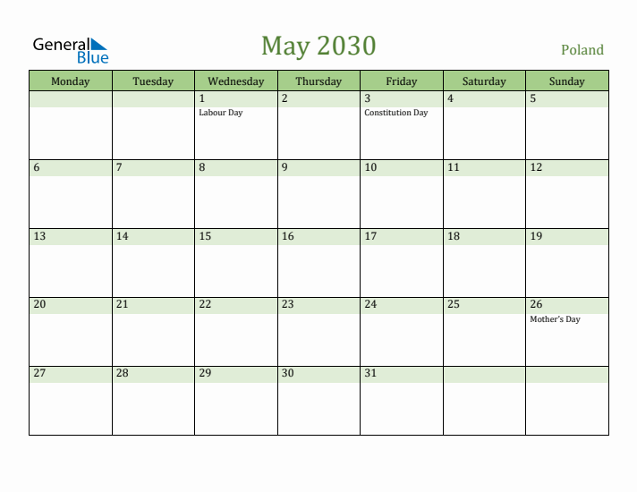 May 2030 Calendar with Poland Holidays