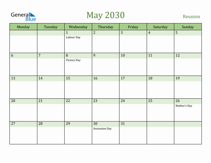 May 2030 Calendar with Reunion Holidays