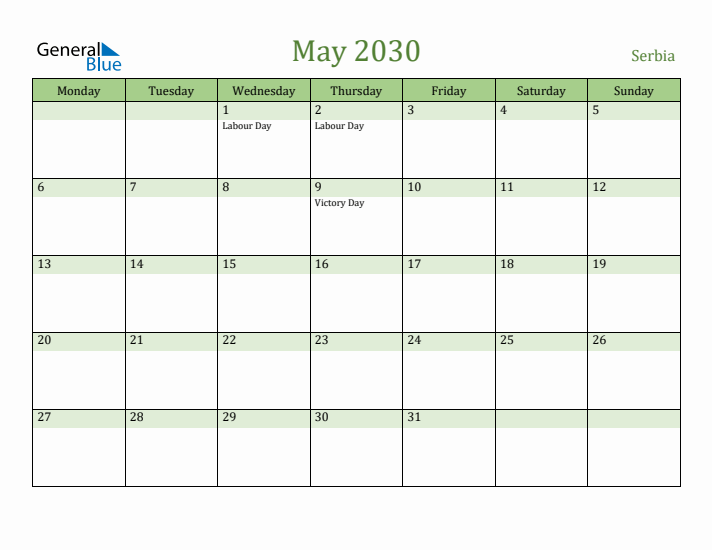 May 2030 Calendar with Serbia Holidays