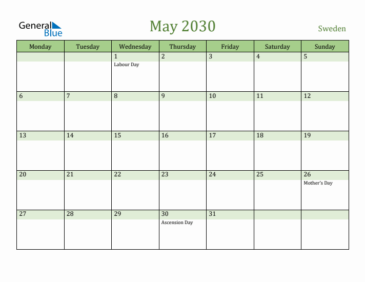 May 2030 Calendar with Sweden Holidays