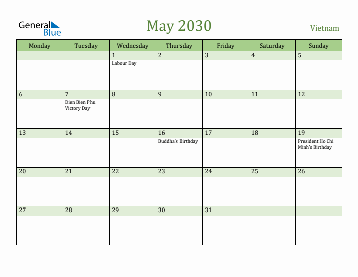 May 2030 Calendar with Vietnam Holidays