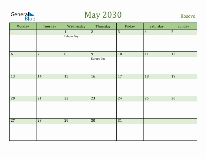May 2030 Calendar with Kosovo Holidays