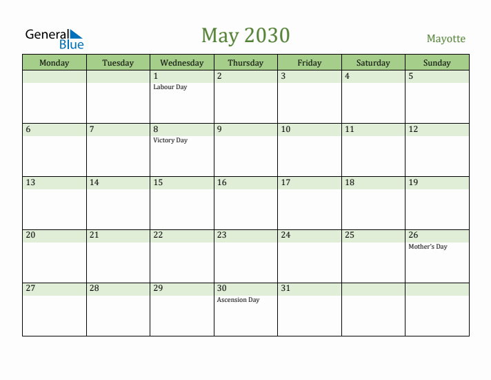 May 2030 Calendar with Mayotte Holidays