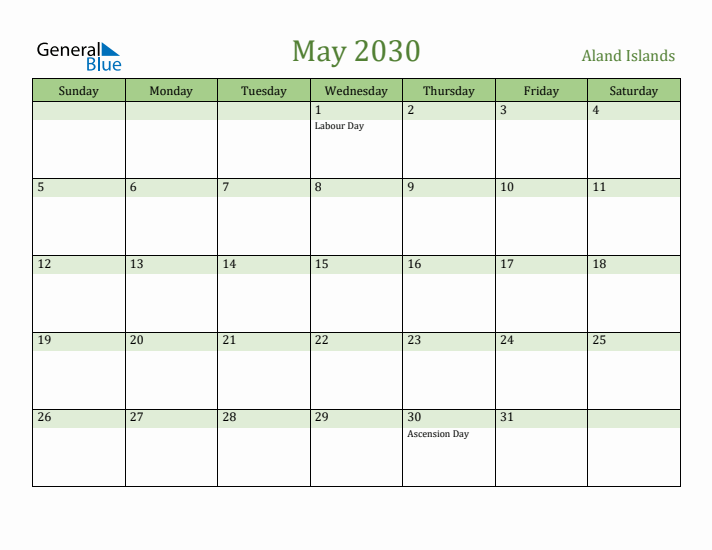 May 2030 Calendar with Aland Islands Holidays