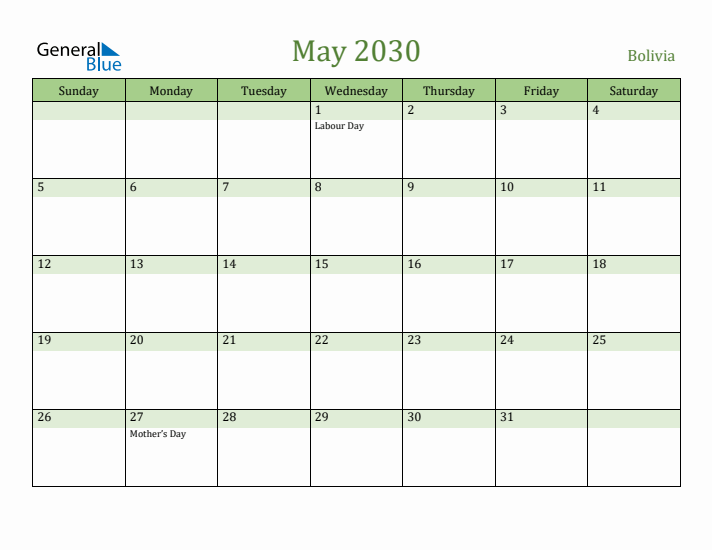 May 2030 Calendar with Bolivia Holidays