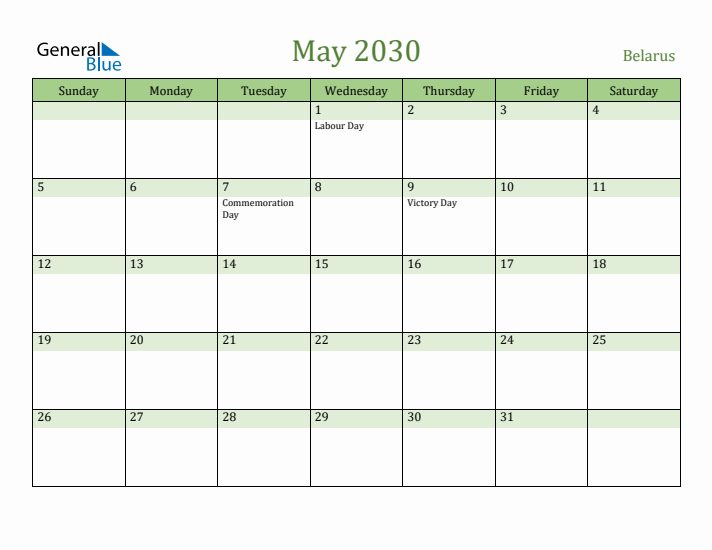 May 2030 Calendar with Belarus Holidays
