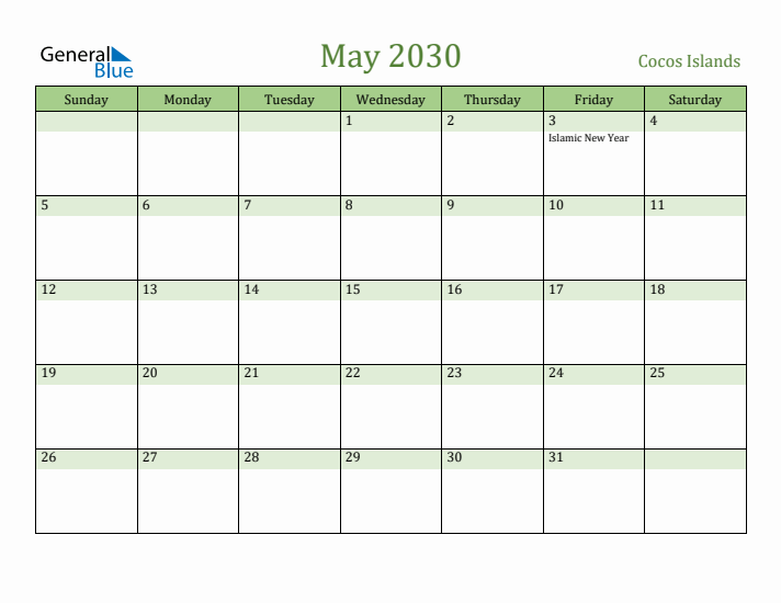 May 2030 Calendar with Cocos Islands Holidays