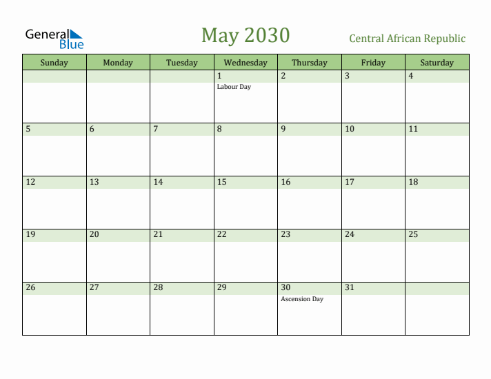 May 2030 Calendar with Central African Republic Holidays