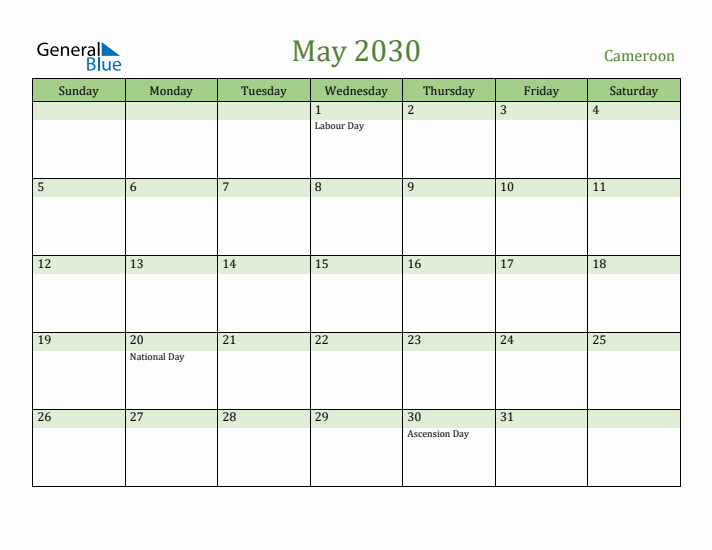 May 2030 Calendar with Cameroon Holidays