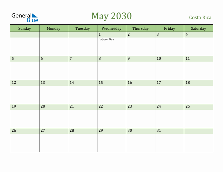 May 2030 Calendar with Costa Rica Holidays