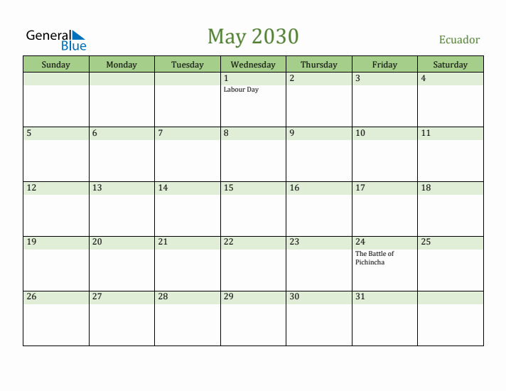 May 2030 Calendar with Ecuador Holidays