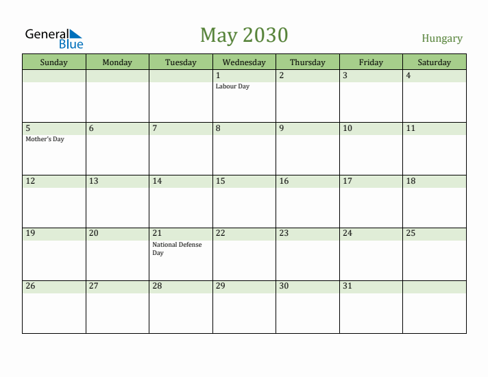 May 2030 Calendar with Hungary Holidays