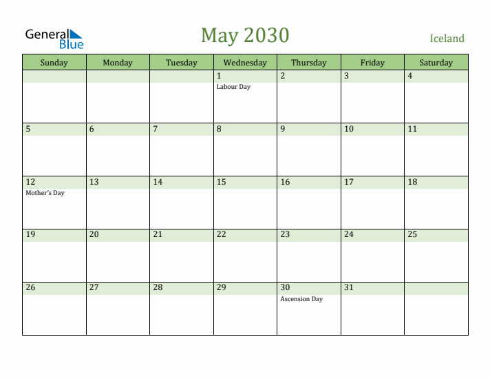 May 2030 Calendar with Iceland Holidays