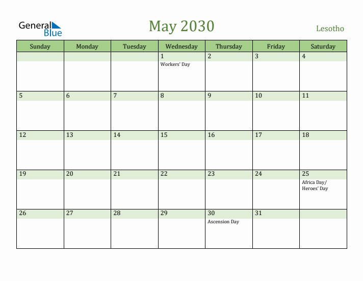 May 2030 Calendar with Lesotho Holidays