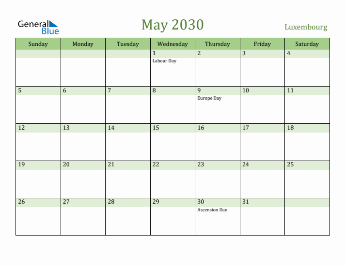 May 2030 Calendar with Luxembourg Holidays