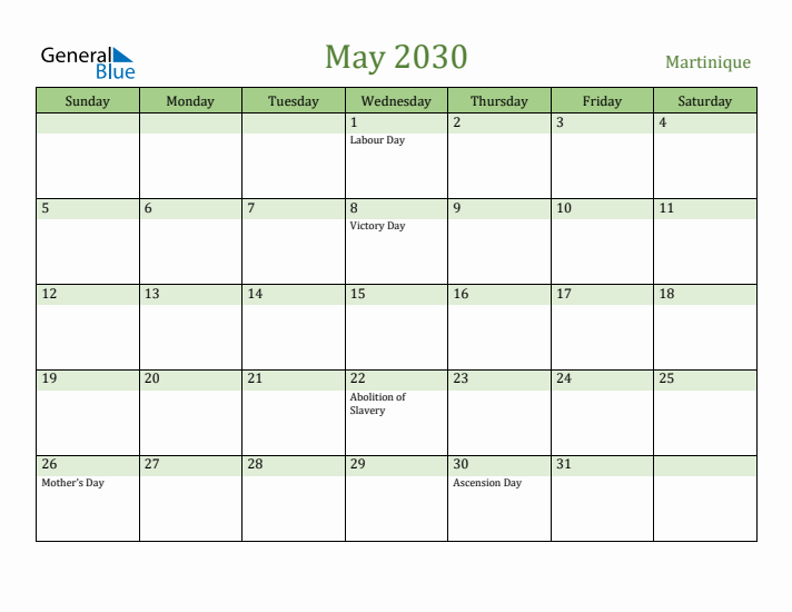 May 2030 Calendar with Martinique Holidays