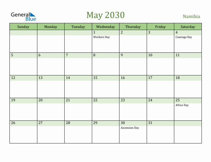May 2030 Calendar with Namibia Holidays