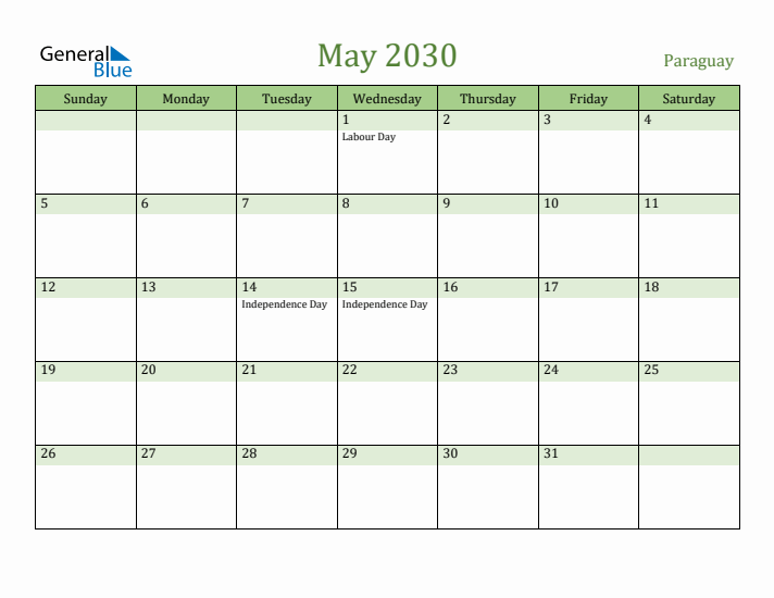 May 2030 Calendar with Paraguay Holidays