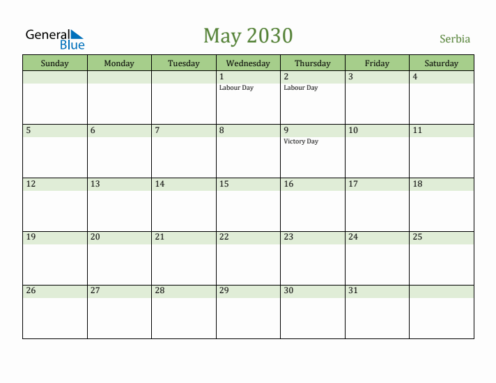 May 2030 Calendar with Serbia Holidays