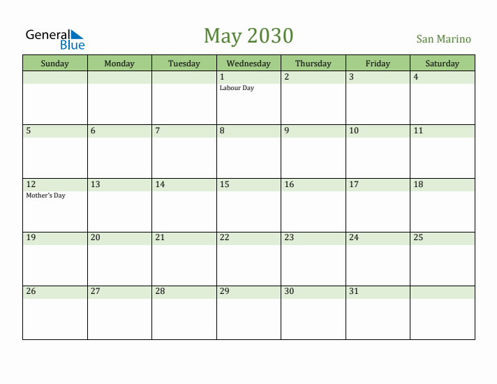 May 2030 Calendar with San Marino Holidays