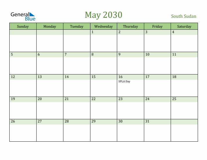 May 2030 Calendar with South Sudan Holidays