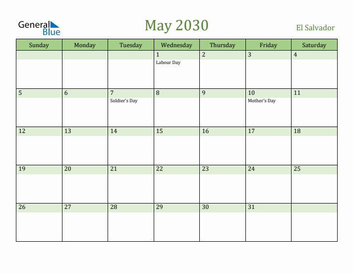 May 2030 Calendar with El Salvador Holidays