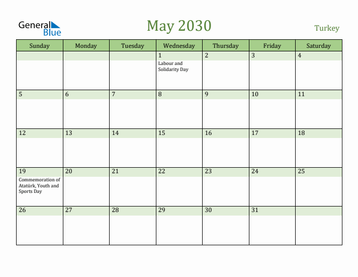 May 2030 Calendar with Turkey Holidays