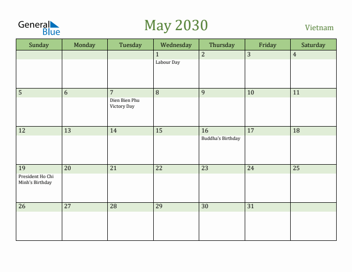 May 2030 Calendar with Vietnam Holidays
